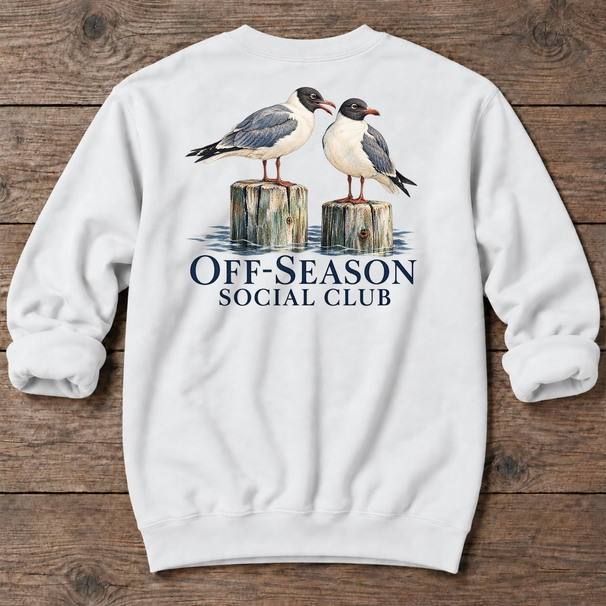 Off-Season Social Club Gulls Back Design Midweight Sweatshirt in White, Salty Paws coastal sweatshirt