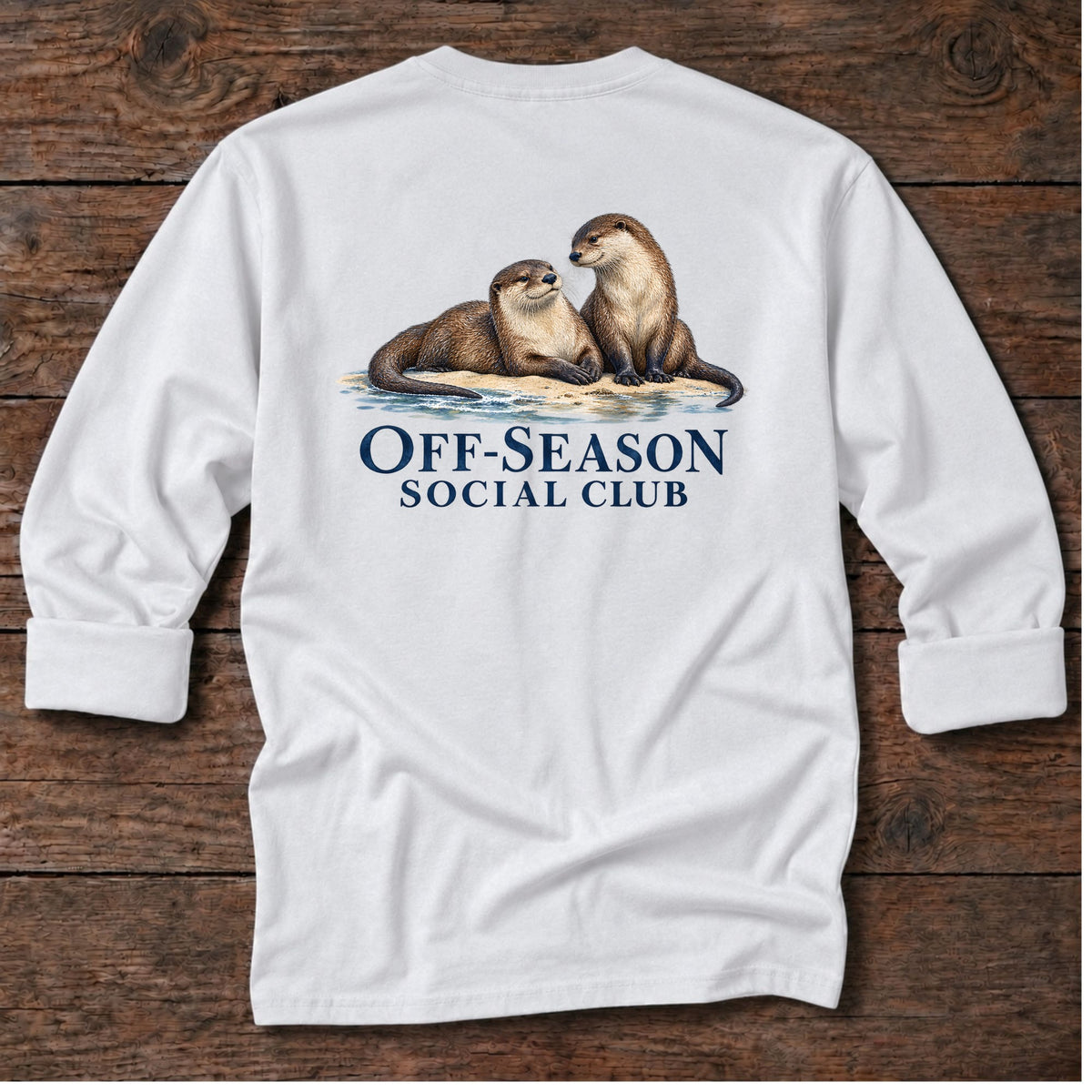 Off-Season Social Club Otters Back Design Long T-Shirt in White, Salty Paws coastal long sleeve tee