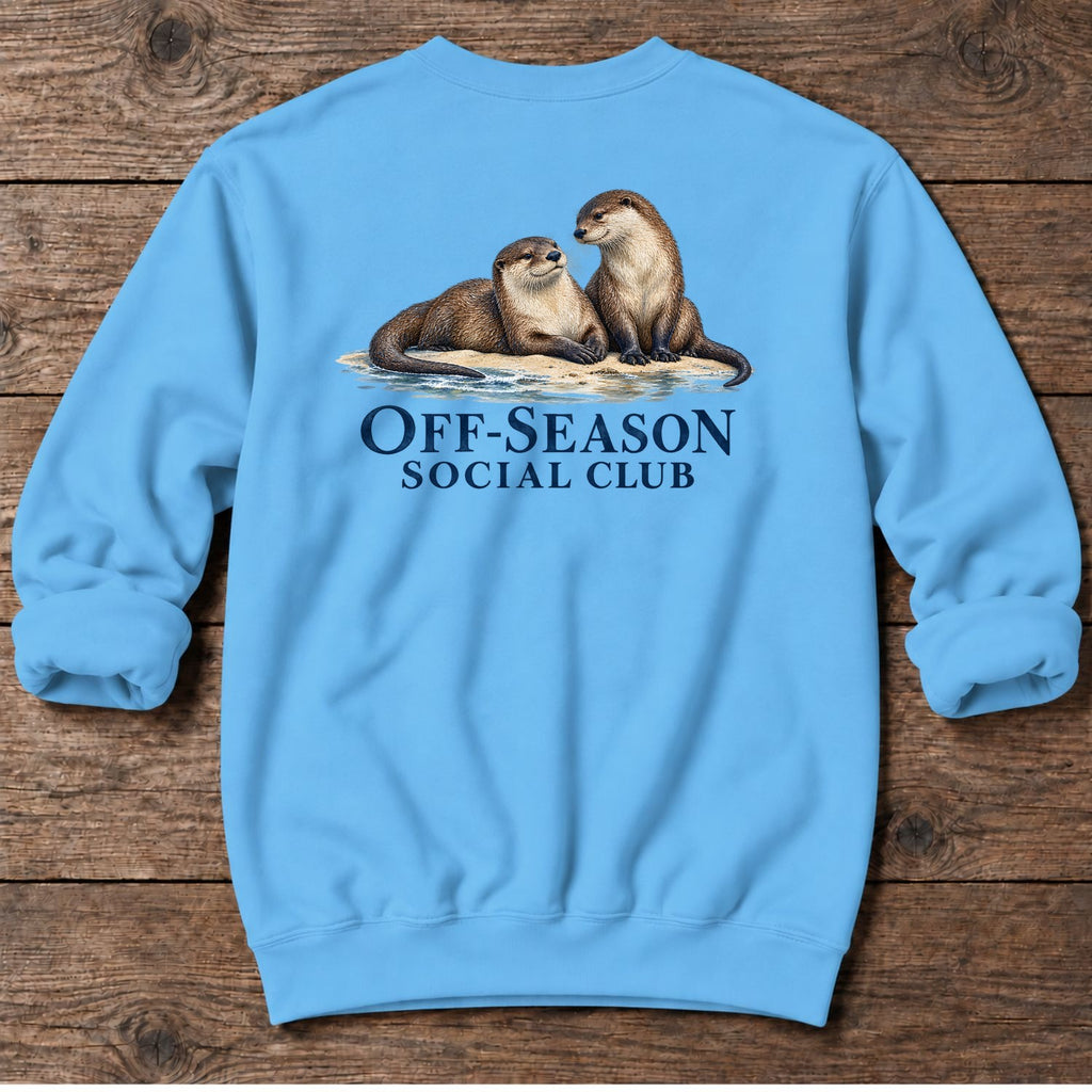 Off-Season Social Club Otters Back Design Midweight Sweatshirt in Sky, Salty Paws coastal sweatshirt