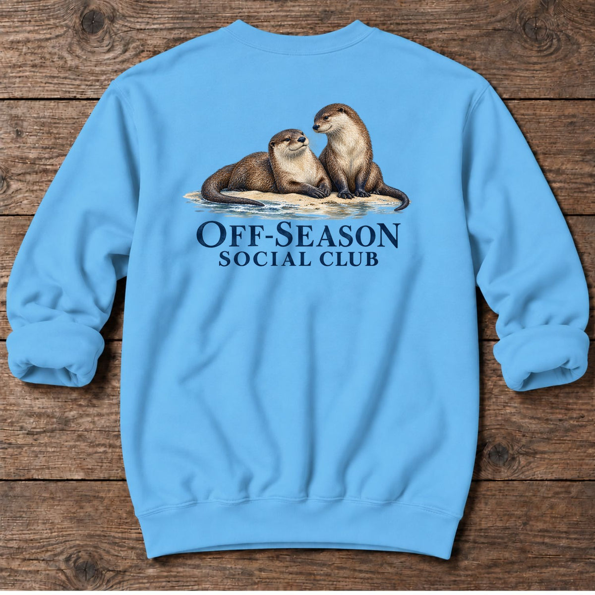 Off-Season Social Club Otters Back Design Midweight Sweatshirt in Sky, Salty Paws coastal sweatshirt