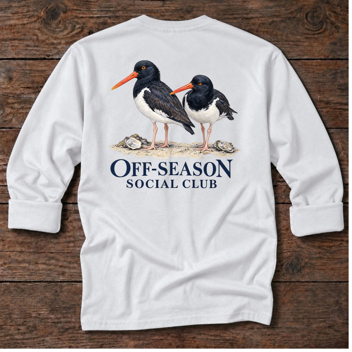 Off-Season Social Club Oystercatchers Back Design Long T-Shirt in White, Salty Paws coastal long sleeve tee