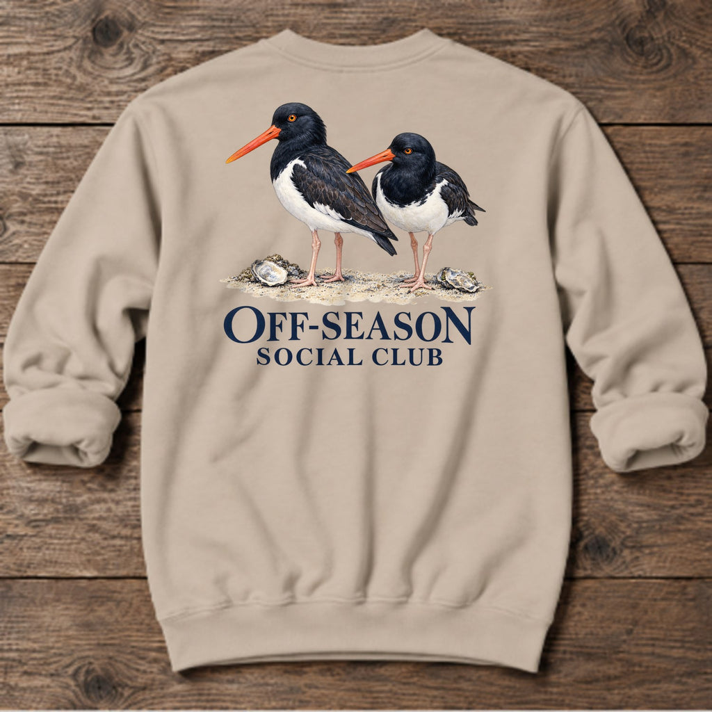 Off-Season Social Club Oystercatchers Back Design Midweight Sweatshirt in Sand, Salty Paws coastal sweatshirt