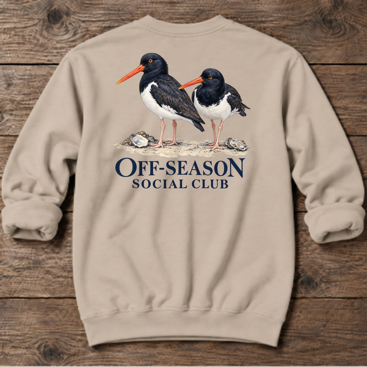 Off-Season Social Club Oystercatchers Back Design Midweight Sweatshirt in Sand, Salty Paws coastal sweatshirt