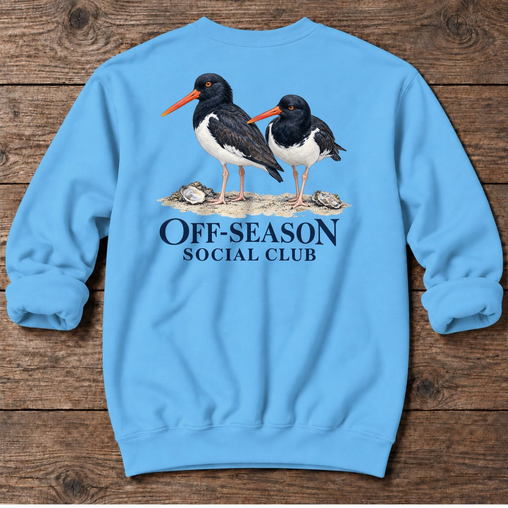 Off-Season Social Club Oystercatchers Back Design Midweight Sweatshirt in Sky, Salty Paws coastal sweatshirt