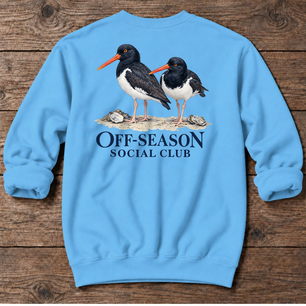 Off-Season Social Club Oystercatchers Back Design Midweight Sweatshirt in Sky, Salty Paws coastal sweatshirt