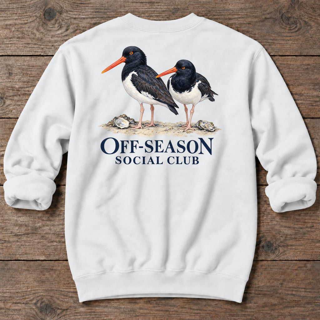 Off-Season Social Club Oystercatchers Back Design Midweight Sweatshirt in White, Salty Paws coastal sweatshirt