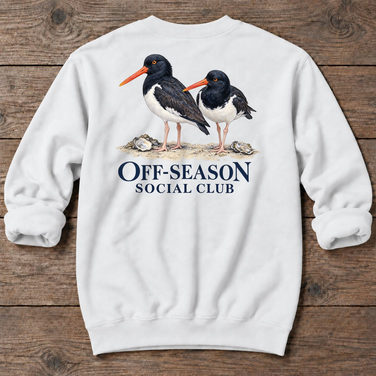Off-Season Social Club Oystercatchers Back Design Midweight Sweatshirt in White, Salty Paws coastal sweatshirt