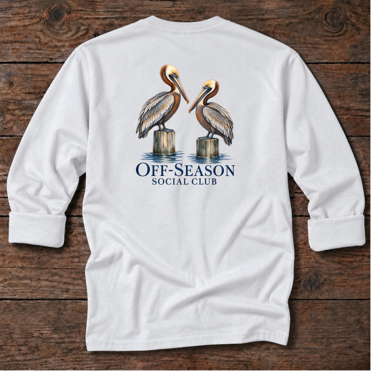 Off-Season Social Club Pelicans Back Design Long T-Shirt in White, Salty Paws coastal long sleeve tee