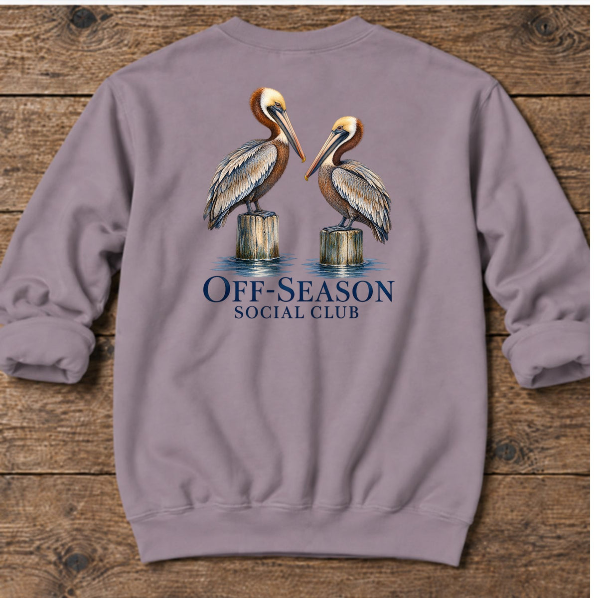Off-Season Social Club Pelicans Back Design Midweight Sweatshirt in Paragon, Salty Paws coastal sweatshirt