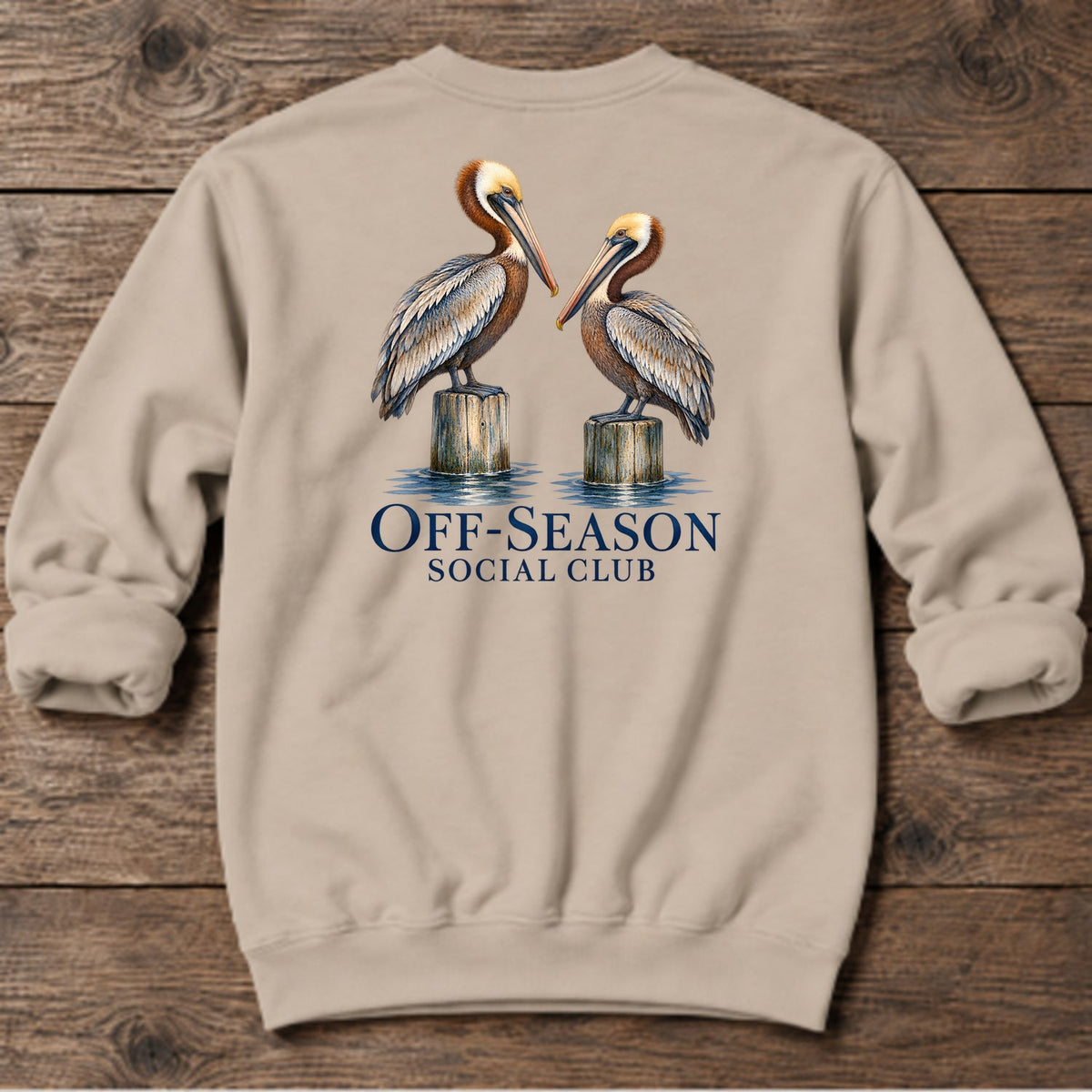 Off-Season Social Club Pelicans Back Design Midweight Sweatshirt in Sand, Salty Paws coastal sweatshirt