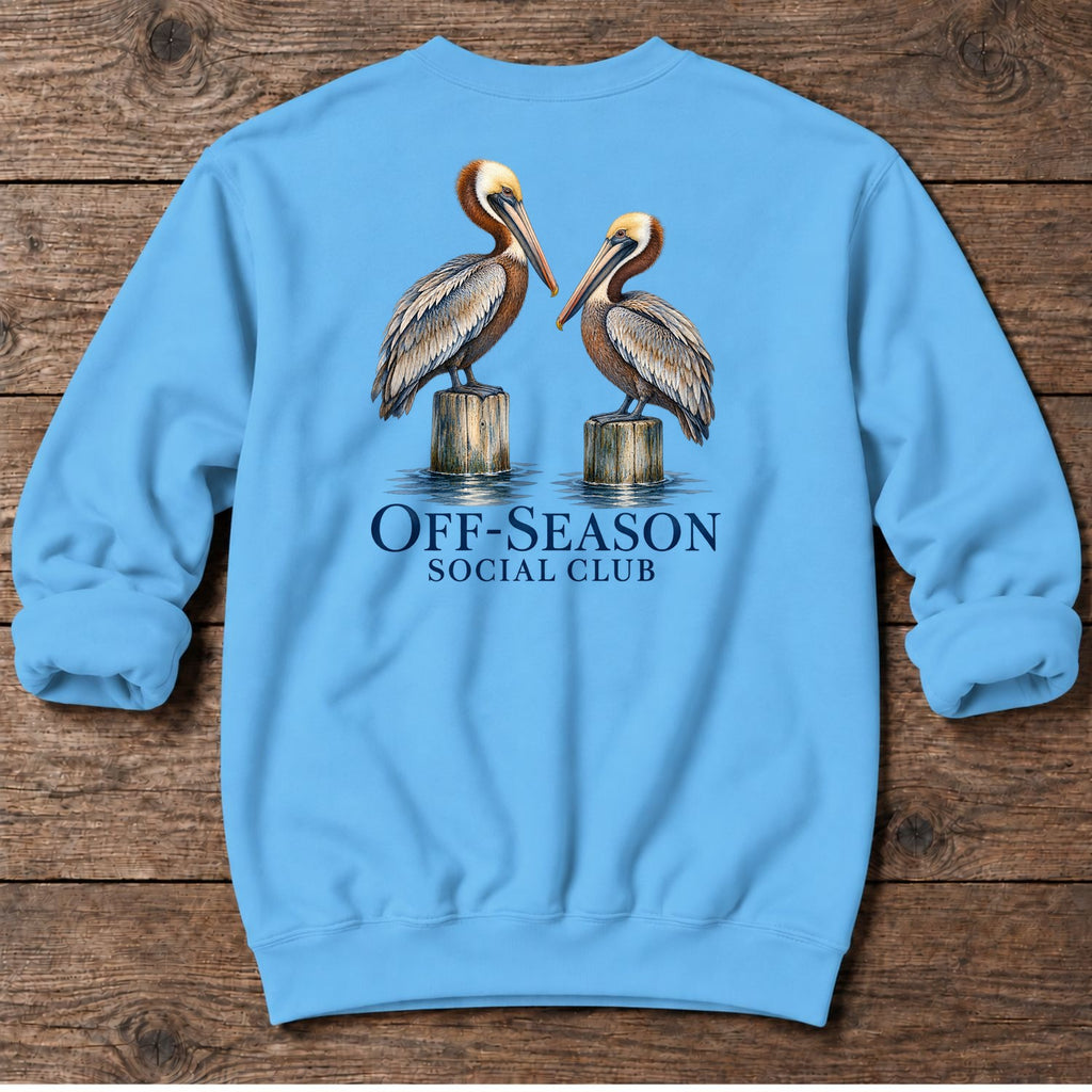Off-Season Social Club Pelicans Back Design Midweight Sweatshirt in Sky, Salty Paws coastal sweatshirt