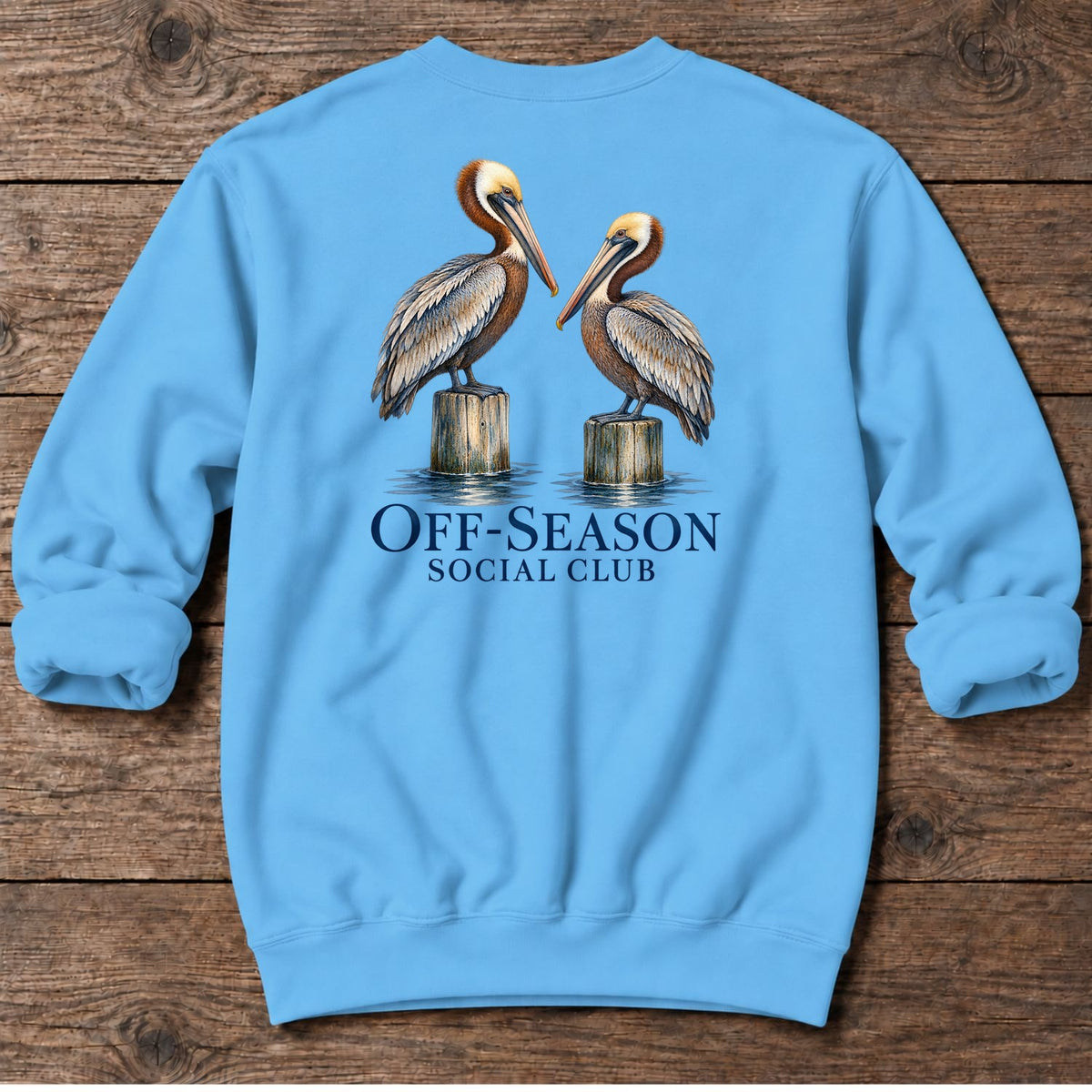 Off-Season Social Club Pelicans Back Design Midweight Sweatshirt in Sky, Salty Paws coastal sweatshirt