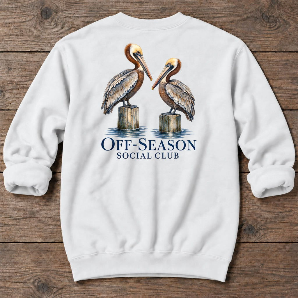 Off-Season Social Club Pelicans Back Design Midweight Sweatshirt in White, Salty Paws coastal sweatshirt