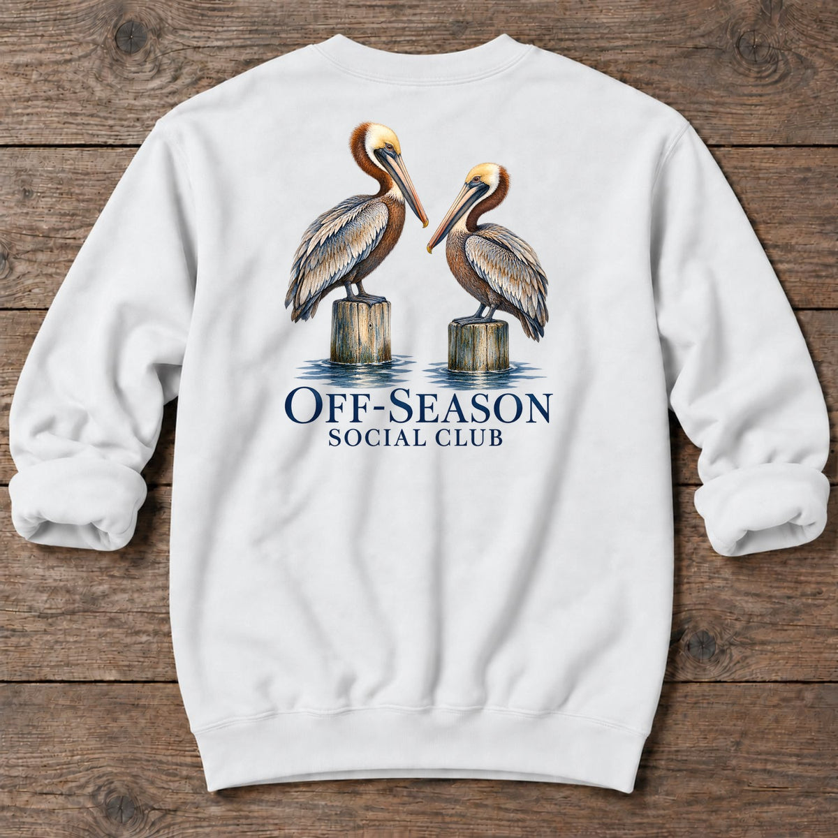 Off-Season Social Club Pelicans Back Design Midweight Sweatshirt in White, Salty Paws coastal sweatshirt