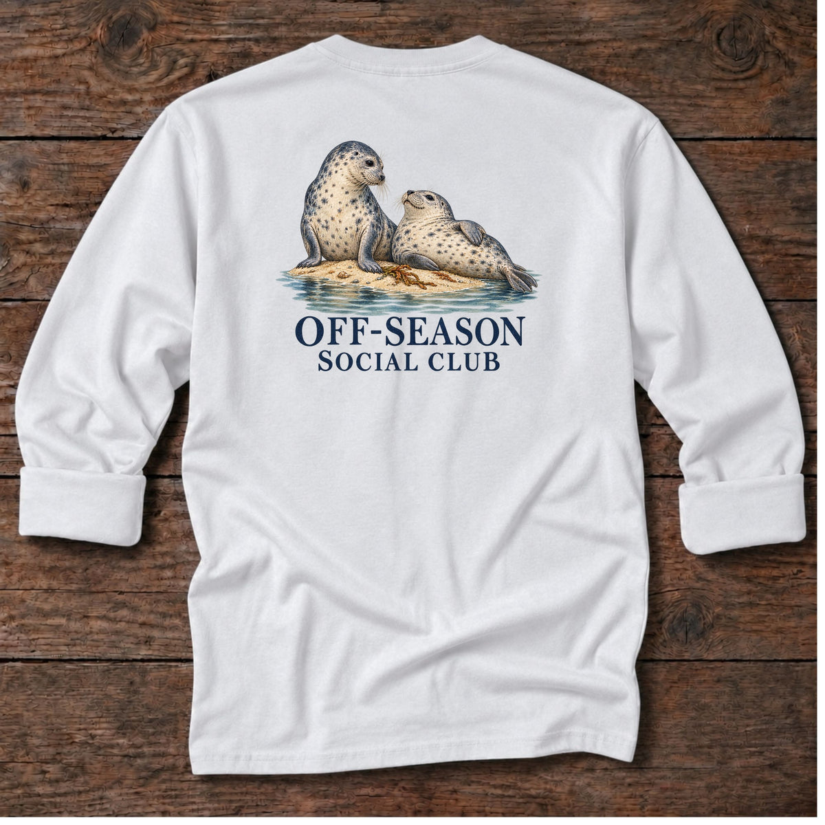 Off-Season Social Club Seals Back Design Long T-Shirt in White, Salty Paws coastal long sleeve tee