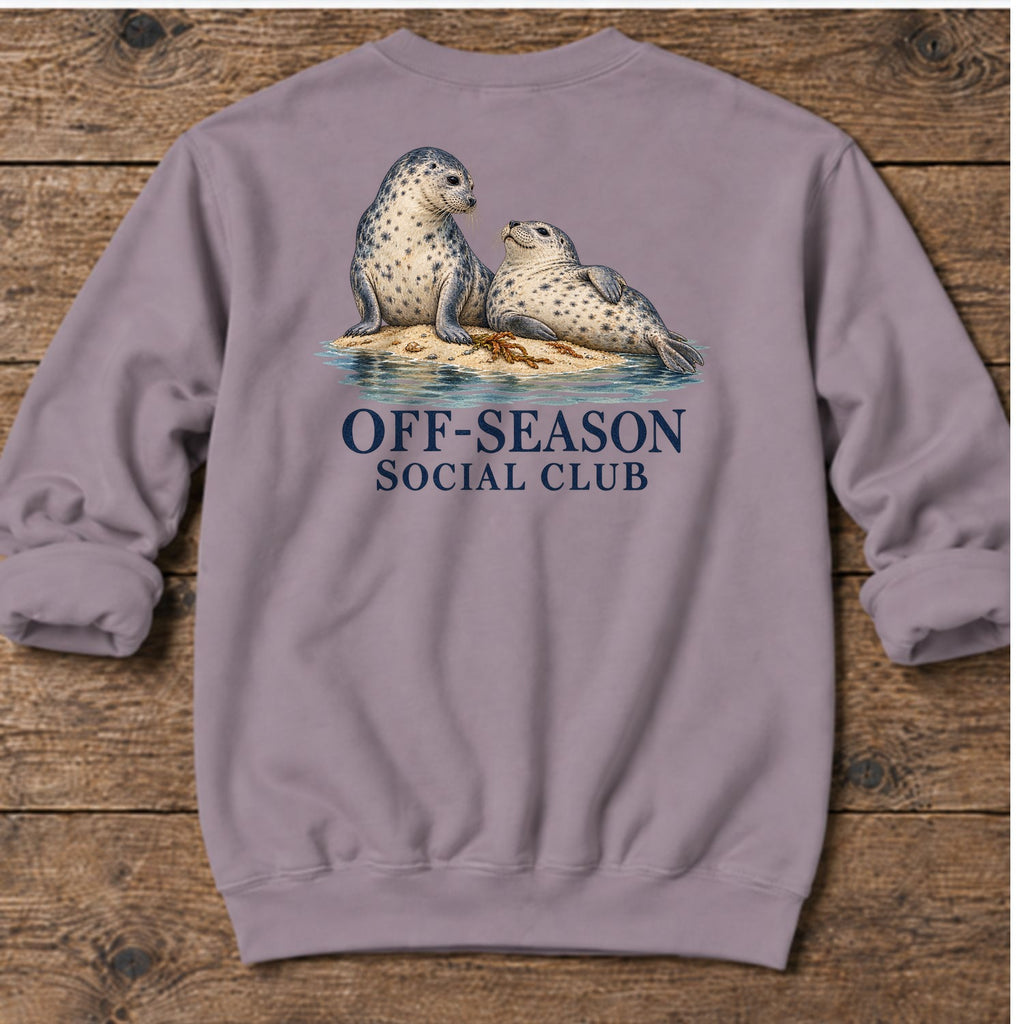 Off-Season Social Club Seals Back Design Midweight Sweatshirt in Paragon, Salty Paws coastal sweatshirt