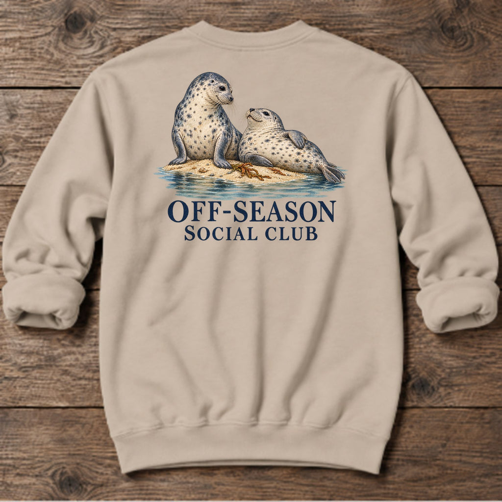 Off-Season Social Club Seals Back Design Midweight Sweatshirt in Sand, Salty Paws coastal sweatshirt