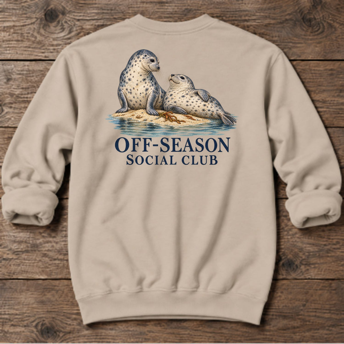Off-Season Social Club Seals Back Design Midweight Sweatshirt in Sand, Salty Paws coastal sweatshirt