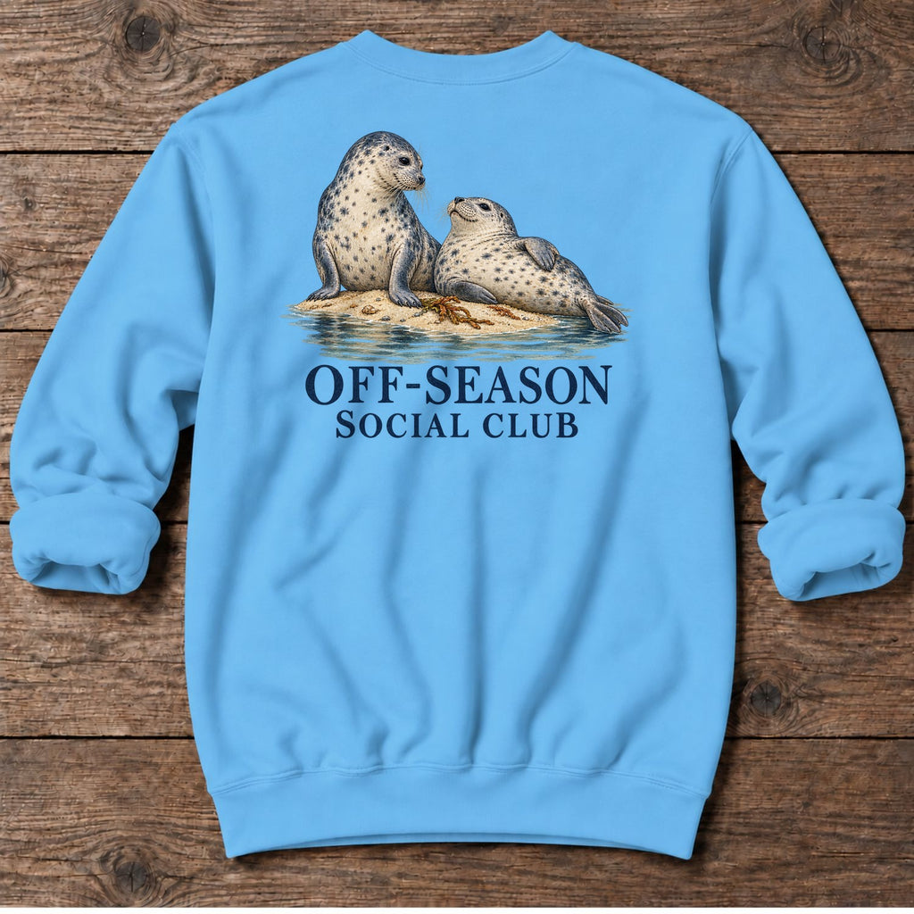 Off-Season Social Club Seals Back Design Midweight Sweatshirt in Sky, Salty Paws coastal sweatshirt