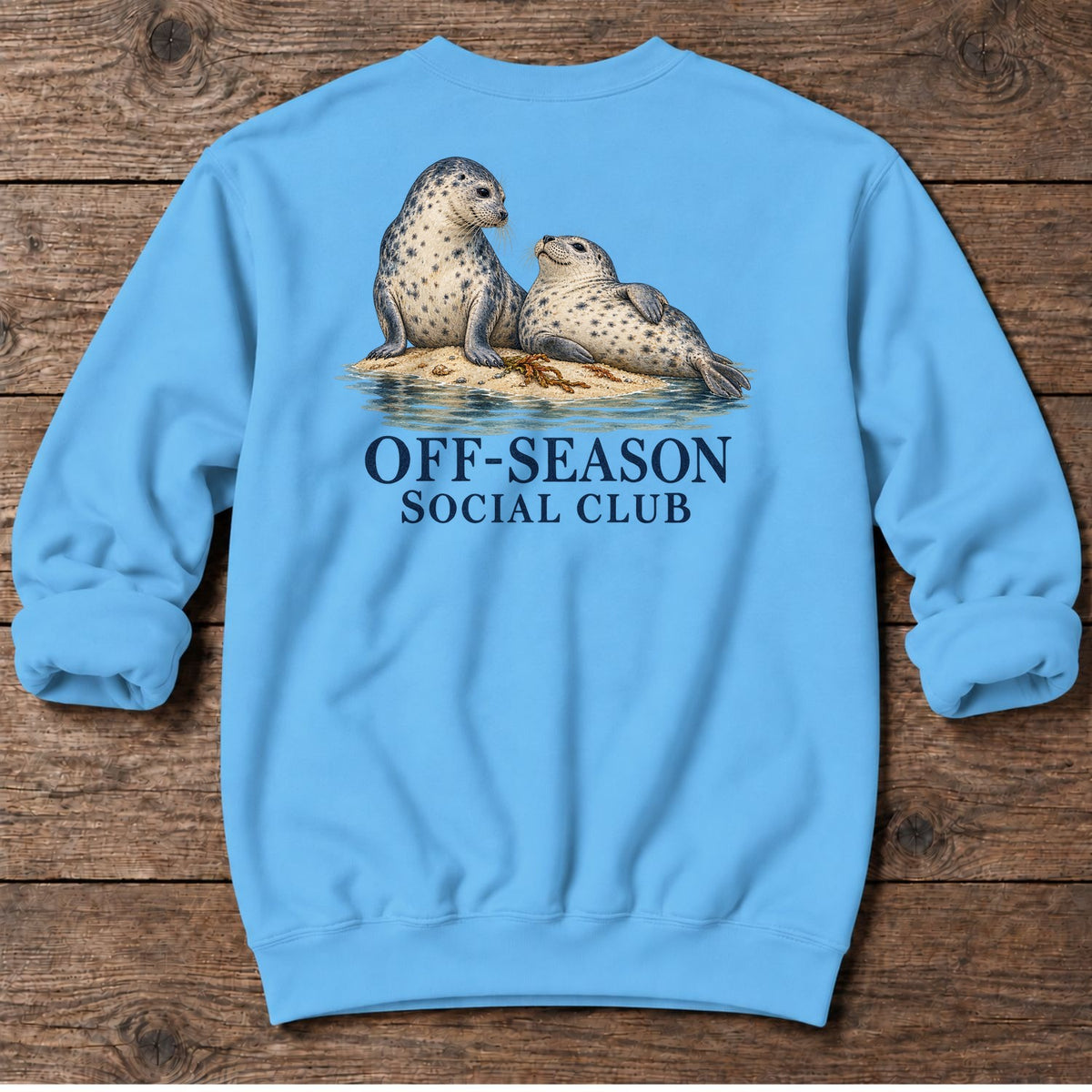 Off-Season Social Club Seals Back Design Midweight Sweatshirt in Sky, Salty Paws coastal sweatshirt
