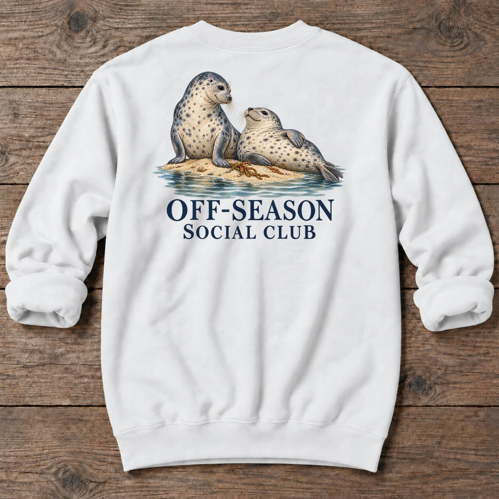 Off-Season Social Club Seals Back Design Midweight Sweatshirt in White, Salty Paws coastal sweatshirt