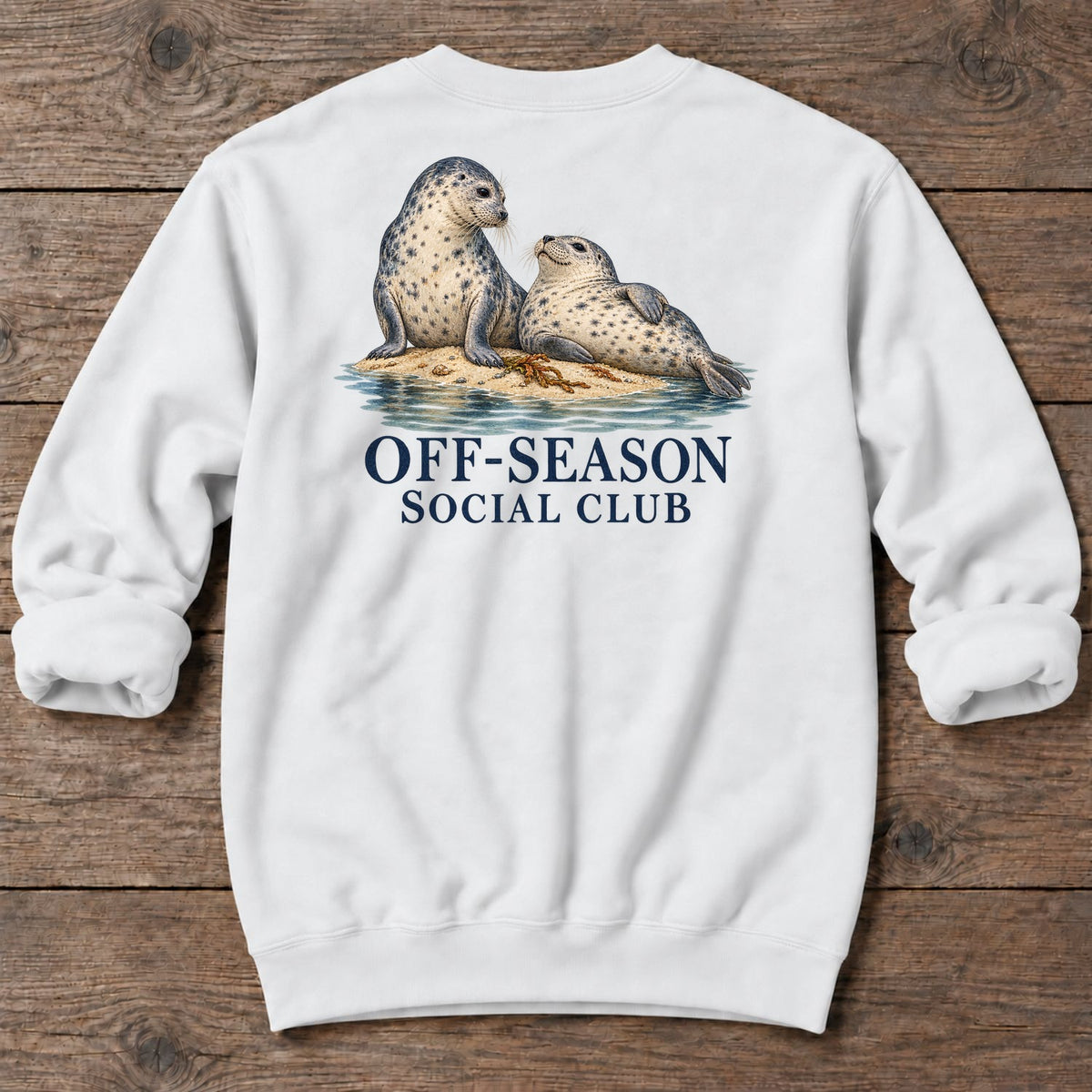 Off-Season Social Club Seals Back Design Midweight Sweatshirt in White, Salty Paws coastal sweatshirt