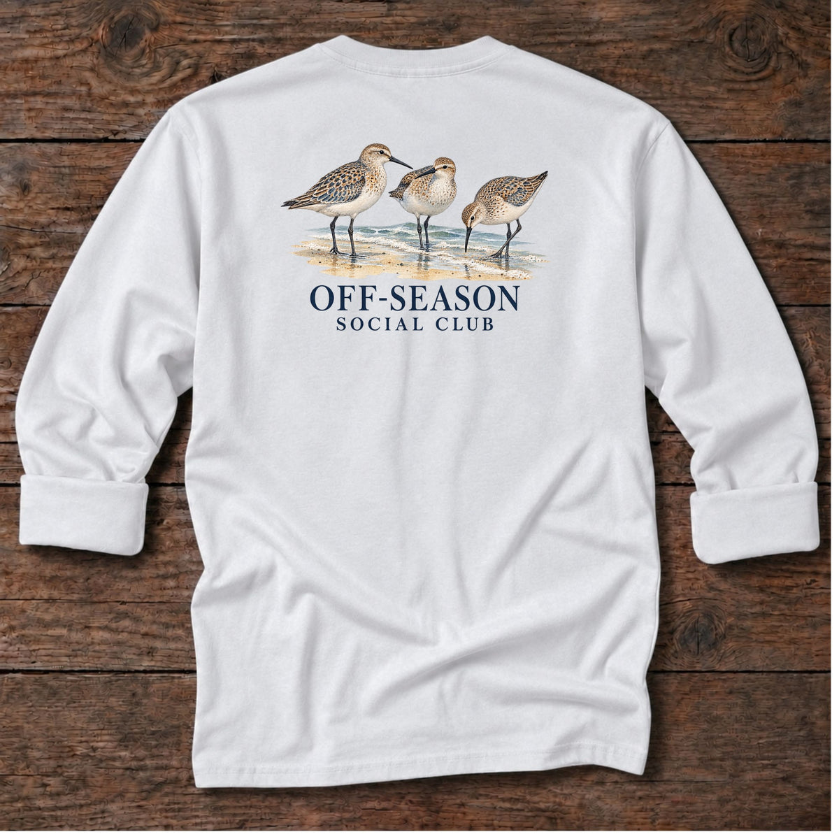 Off-Season Social Club Shorebirds Back Design Long T-Shirt in White, Salty Paws coastal long sleeve tee