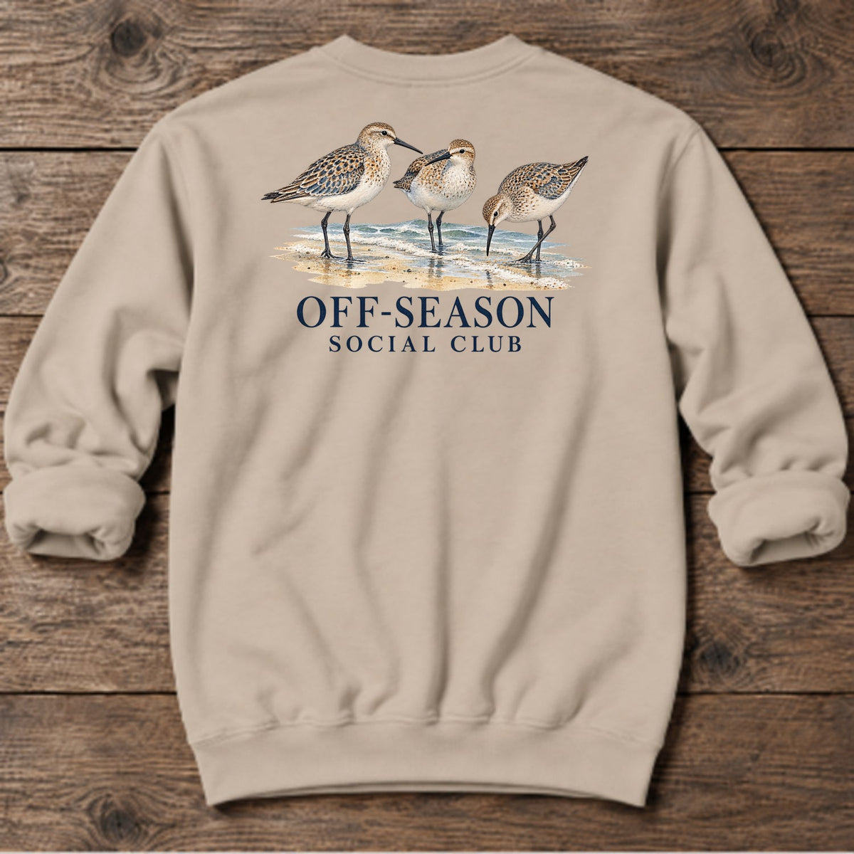 Off-Season Social Club Shorebirds Back Design Midweight Sweatshirt in Sand, Salty Paws coastal sweatshirt