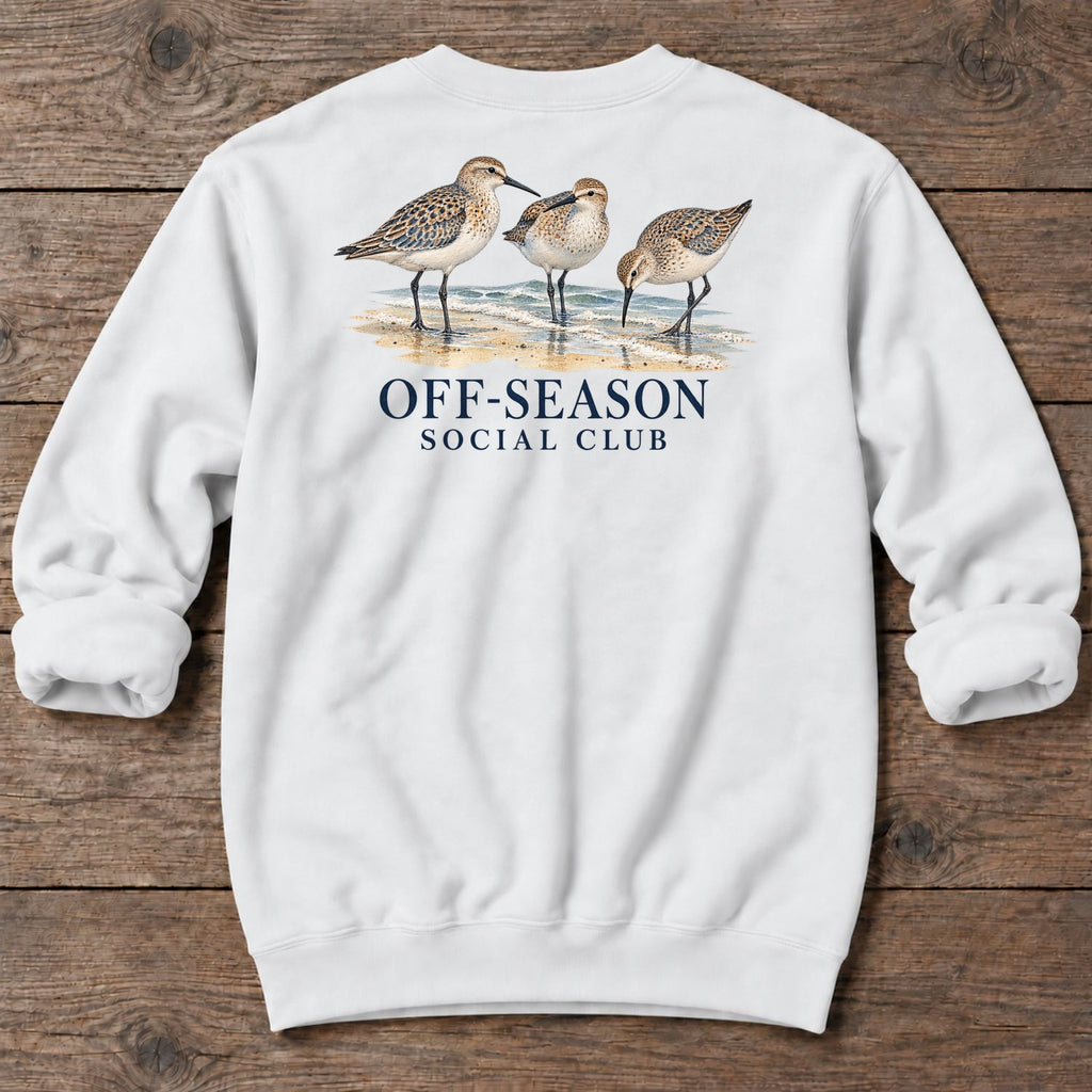 Off-Season Social Club Shorebirds Back Design Midweight Sweatshirt in White, Salty Paws coastal sweatshirt