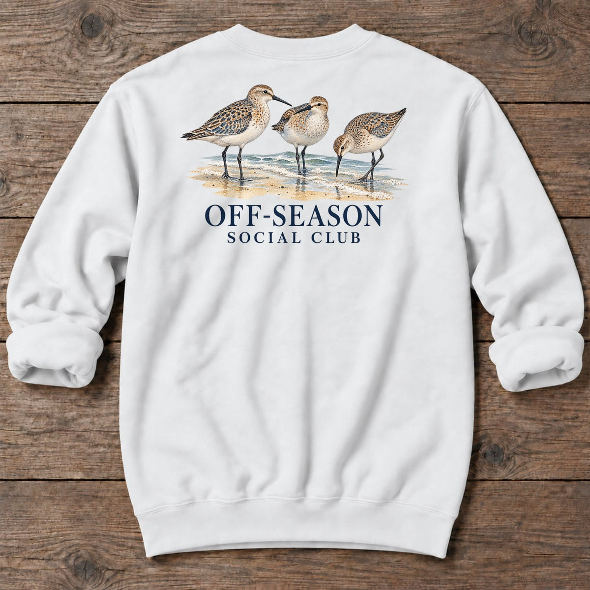 Off-Season Social Club Shorebirds Back Design Midweight Sweatshirt in White, Salty Paws coastal sweatshirt