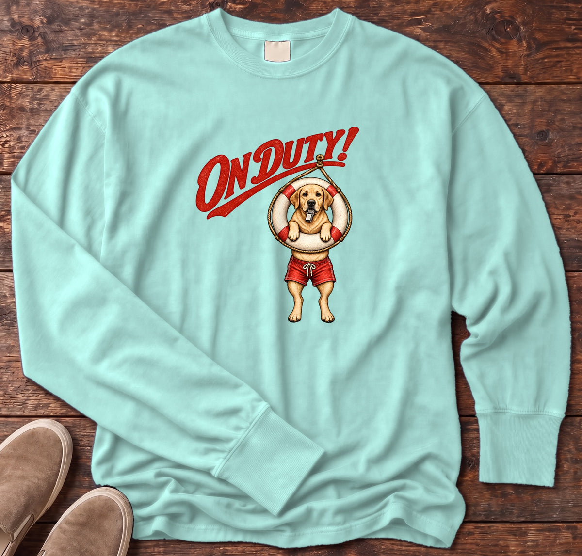 On Duty Lifeguard Yellow Labrador Long Sleeve Tee Comfort Colors in Chalky Mint, Salty Paws Comfort Colors Long Sleeve Tee, front design flat lay