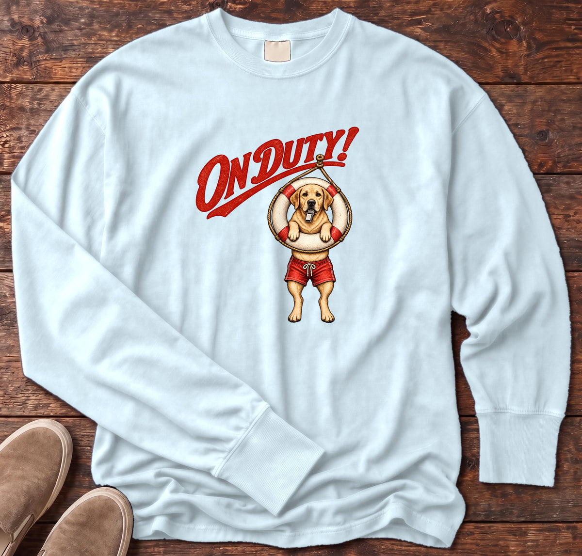 On Duty Lifeguard Yellow Labrador Long Sleeve Tee Comfort Colors in Chambray, Salty Paws Comfort Colors Long Sleeve Tee, front design flat lay