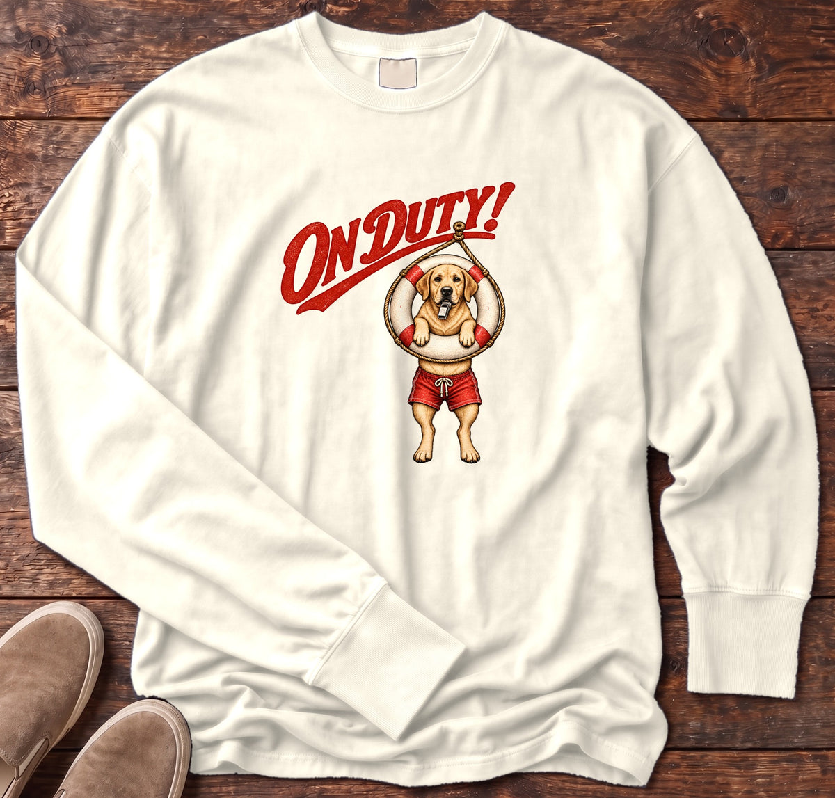 On Duty Lifeguard Yellow Labrador Long Sleeve Tee Comfort Colors in Ivory, Salty Paws Comfort Colors Long Sleeve Tee, front design flat lay