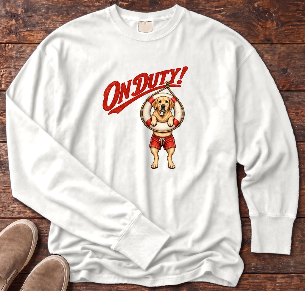 On Duty Lifeguard Yellow Labrador Long Sleeve Tee Comfort Colors in White, Salty Paws Comfort Colors Long Sleeve Tee, front design flat lay