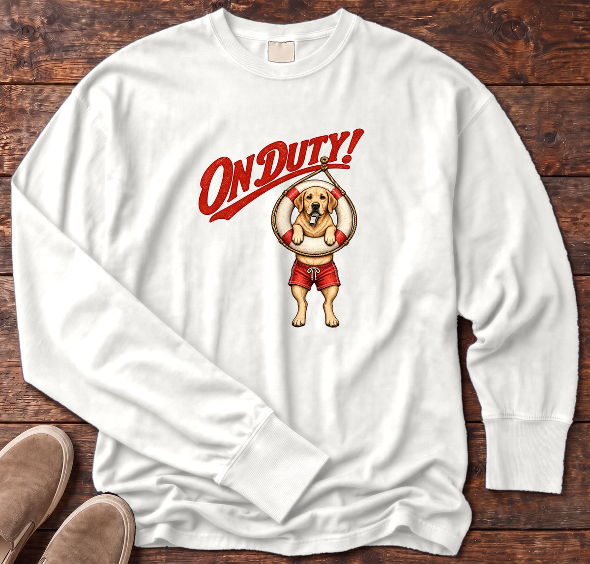On Duty Lifeguard Yellow Labrador Long Sleeve Tee Comfort Colors in White, Salty Paws Comfort Colors Long Sleeve Tee, front design flat lay