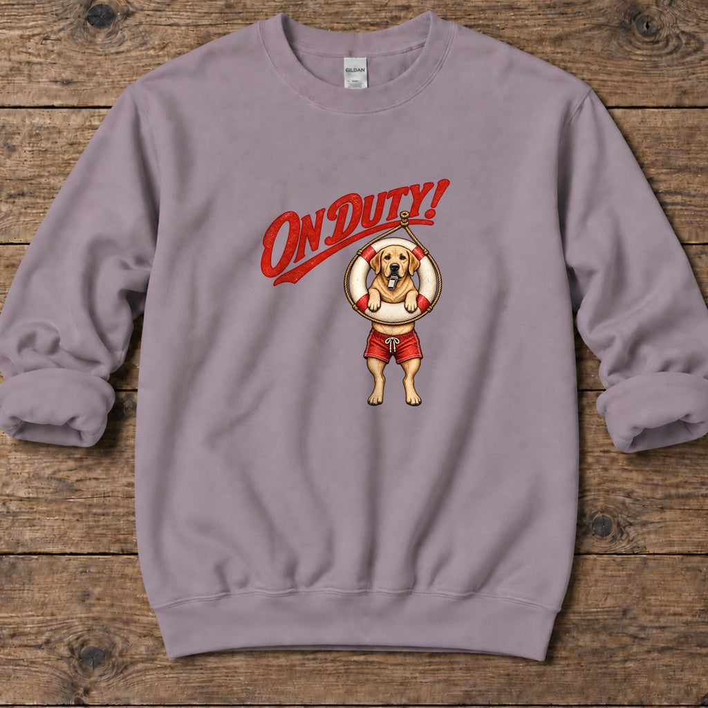 On Duty Lifeguard Yellow Labrador Midweight Sweatshirt in Paragon, Salty Paws Midweight Sweatshirt, front design flat lay