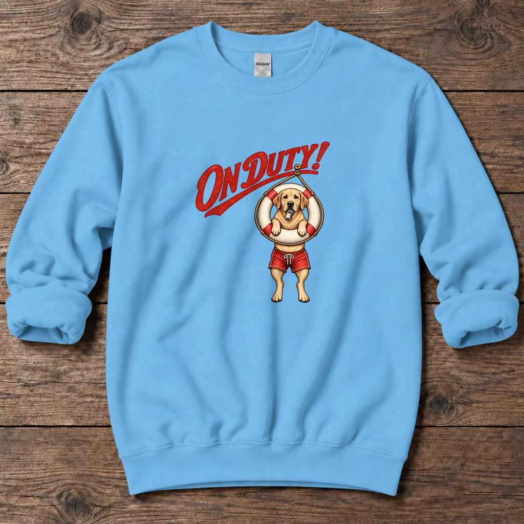On Duty Lifeguard Yellow Labrador Midweight Sweatshirt in Sky, Salty Paws Midweight Sweatshirt, front design flat lay