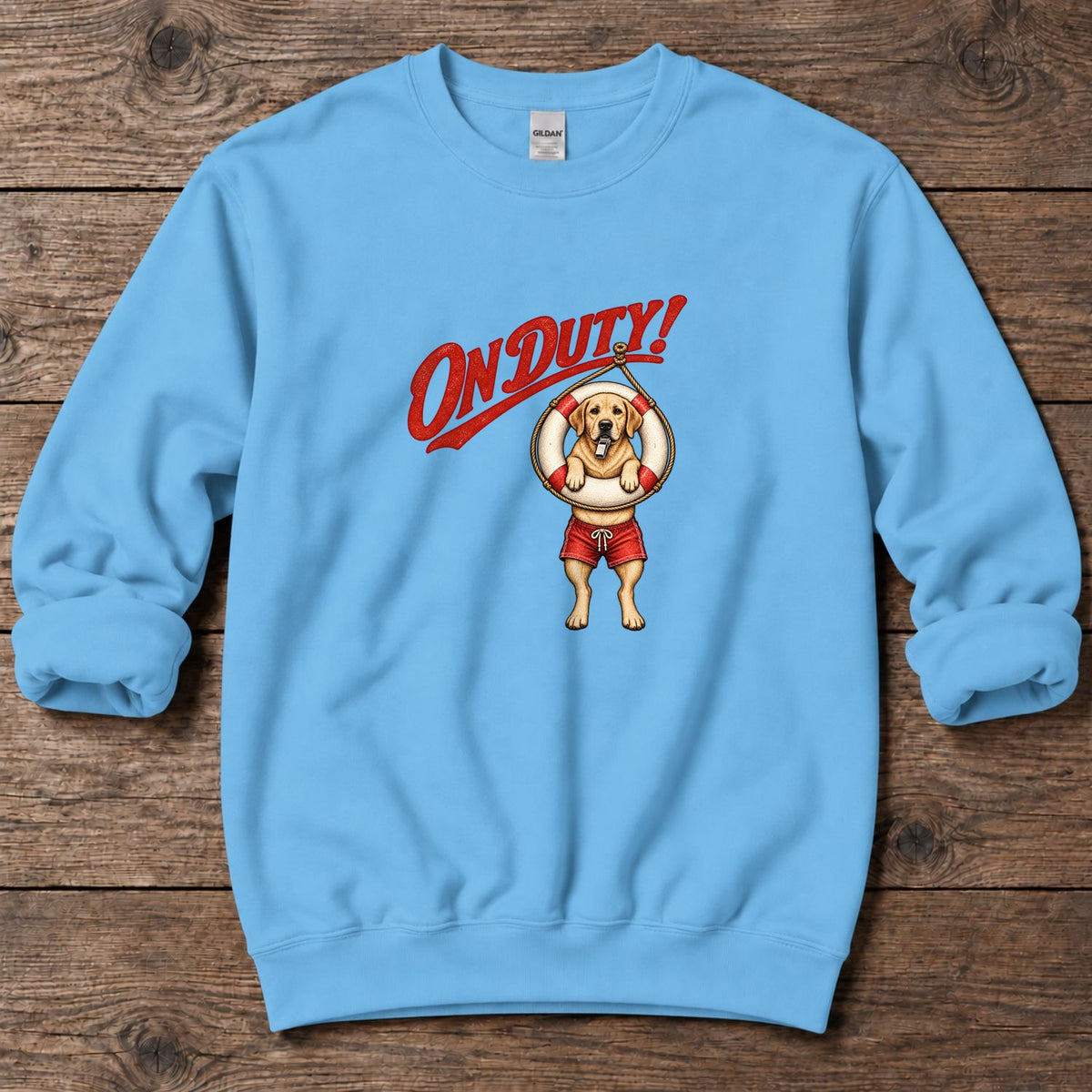 On Duty Lifeguard Yellow Labrador Midweight Sweatshirt in Sky, Salty Paws Midweight Sweatshirt, front design flat lay
