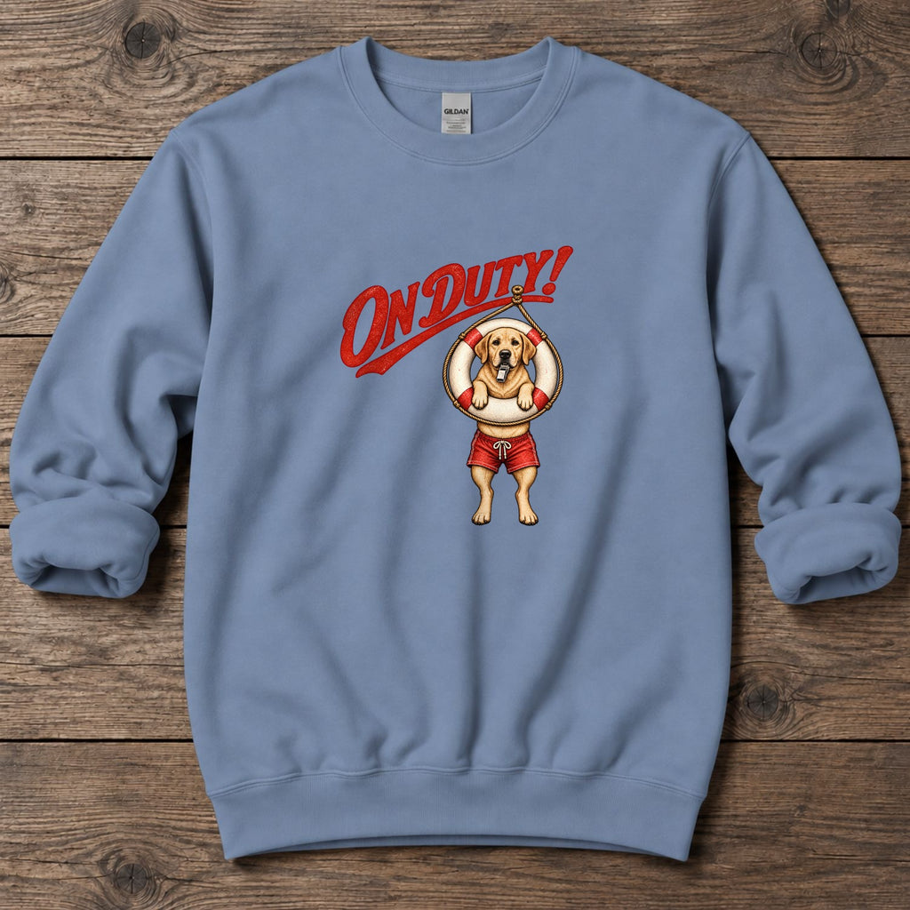 On Duty Lifeguard Yellow Labrador Midweight Sweatshirt in Stone Blue, Salty Paws Midweight Sweatshirt, front design flat lay