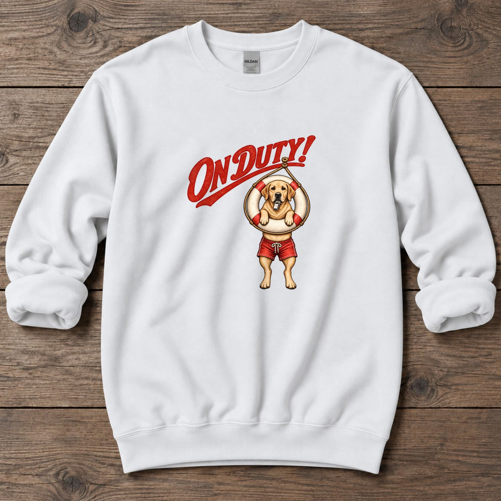 On Duty Lifeguard Yellow Labrador Midweight Sweatshirt in White, Salty Paws Midweight Sweatshirt, front design flat lay
