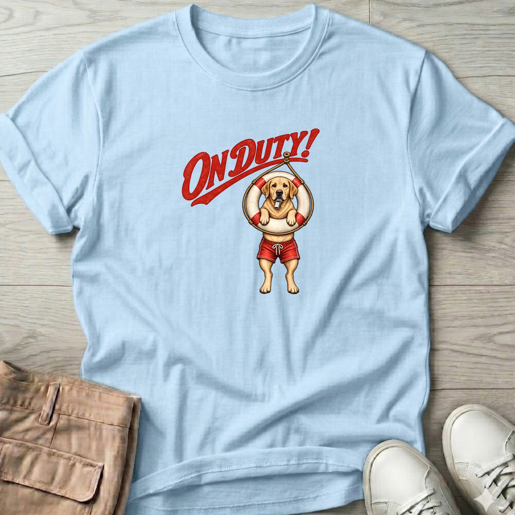 On Duty Lifeguard Yellow Labrador T-Shirt in Light Blue, Salty Paws Soft Style T-Shirt, front design flat lay
