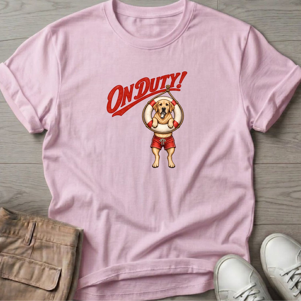 On Duty Lifeguard Yellow Labrador T-Shirt in Light Pink, Salty Paws Soft Style T-Shirt, front design flat lay