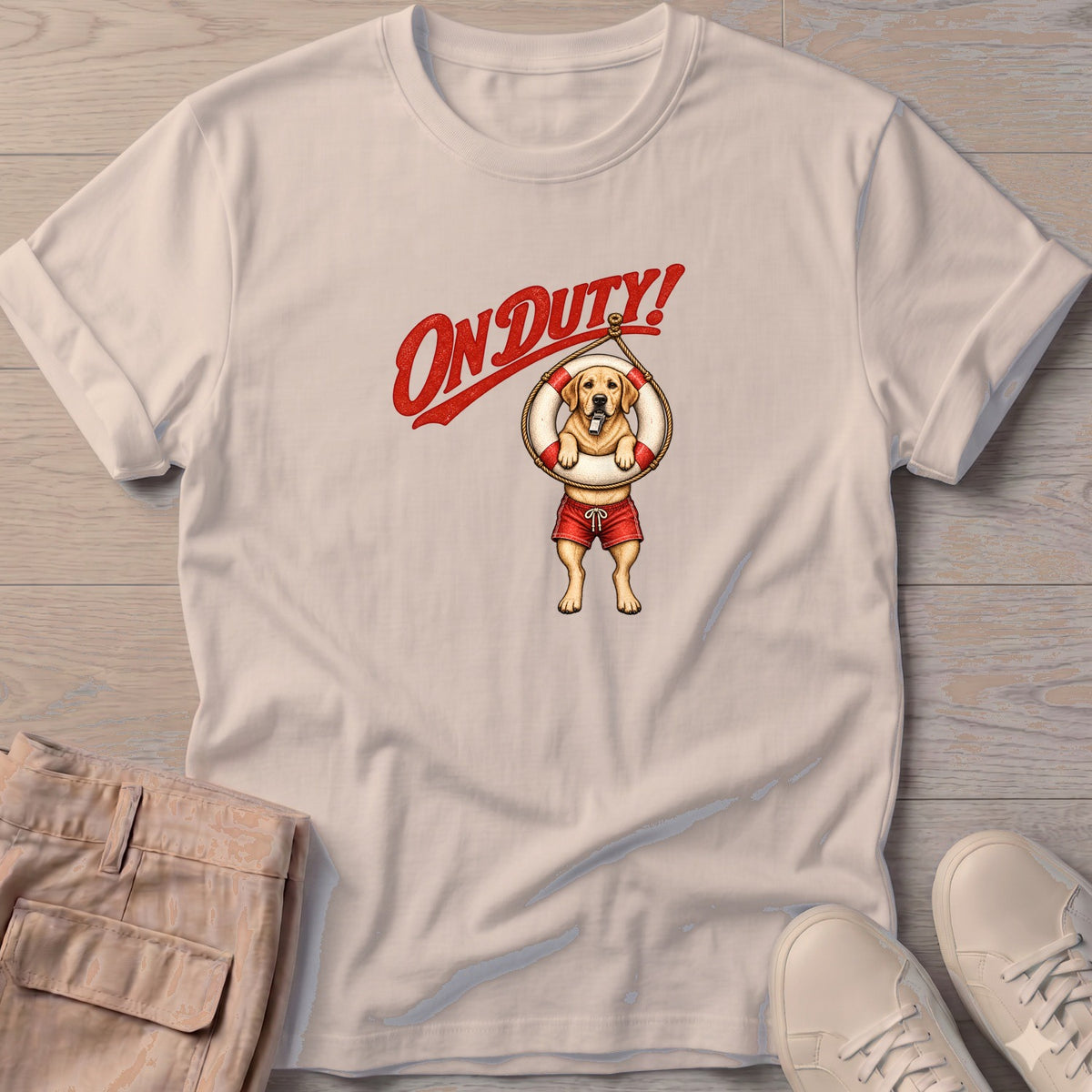 On Duty Lifeguard Yellow Labrador T-Shirt in Sand, Salty Paws Soft Style T-Shirt, front design flat lay