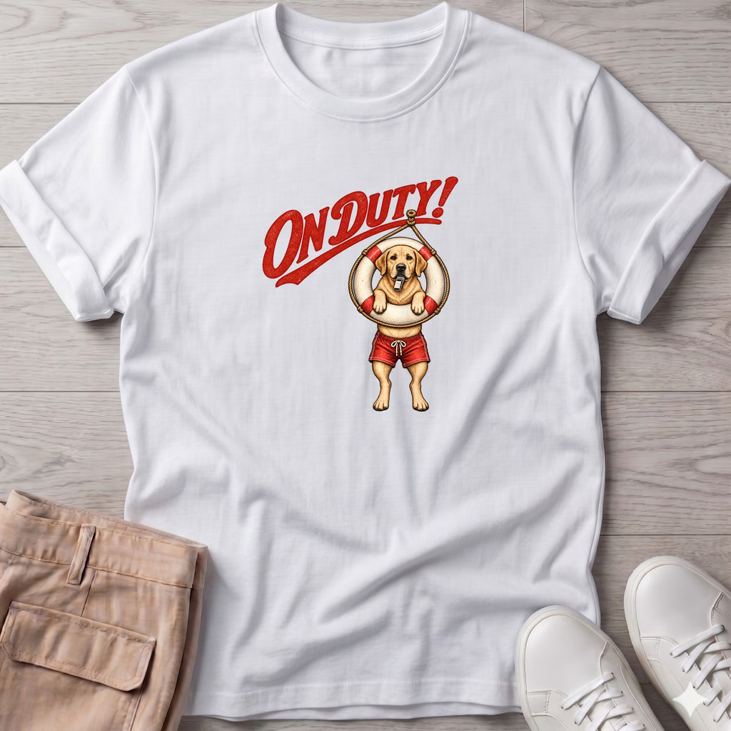On Duty Lifeguard Yellow Labrador T-Shirt in White, Salty Paws Soft Style T-Shirt, front design flat lay