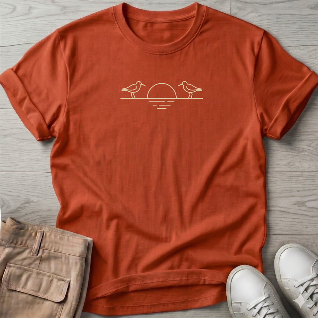 Shorebirds & Sunset T-Shirt — Beach Dog Line Art Tee