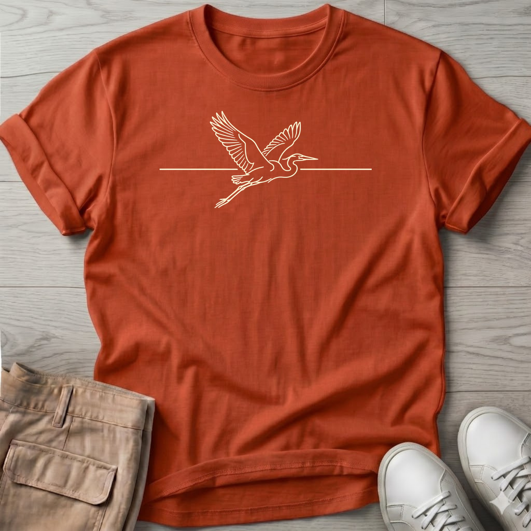 Great Heron Flight Beach Ocean Line Art Tee