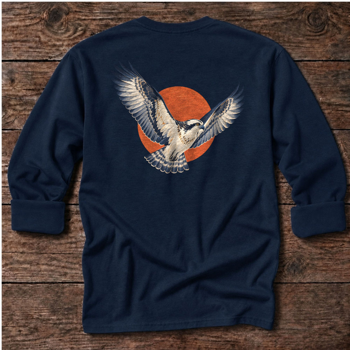 Osprey Red Sun Back Design Long T-Shirt in Dark Navy, Salty Paws coastal long sleeve tee