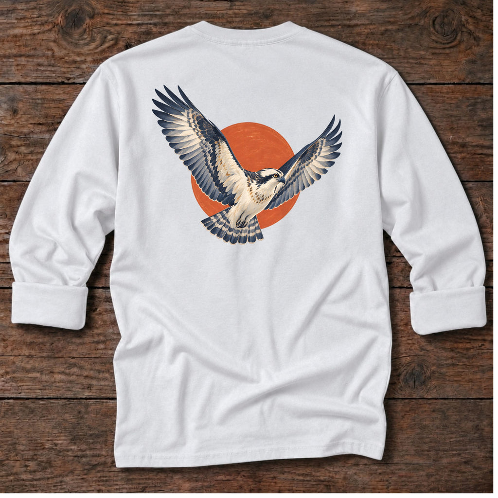 Osprey Red Sun Back Design Long T-Shirt in White, Salty Paws coastal long sleeve tee