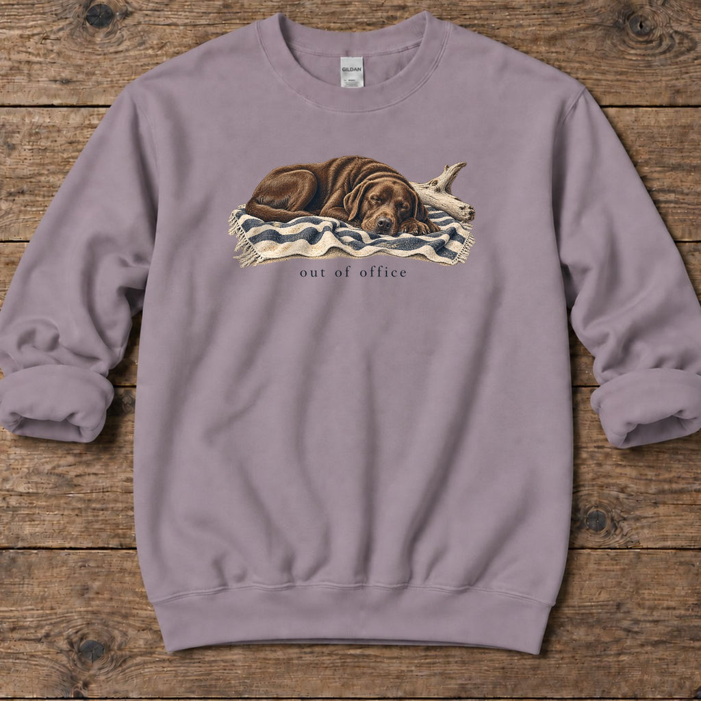 Out of Office Chocolate Labrador Midweight Sweatshirt in Paragon, Salty Paws Midweight Sweatshirt, front design flat lay