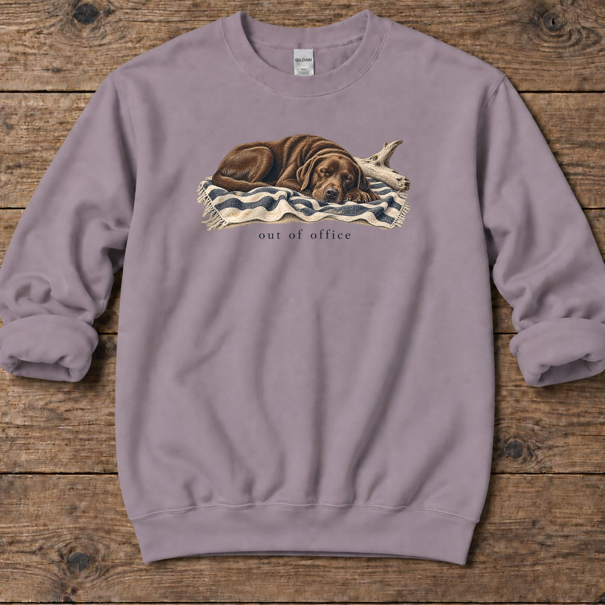 Out of Office Chocolate Labrador Midweight Sweatshirt in Paragon, Salty Paws Midweight Sweatshirt, front design flat lay